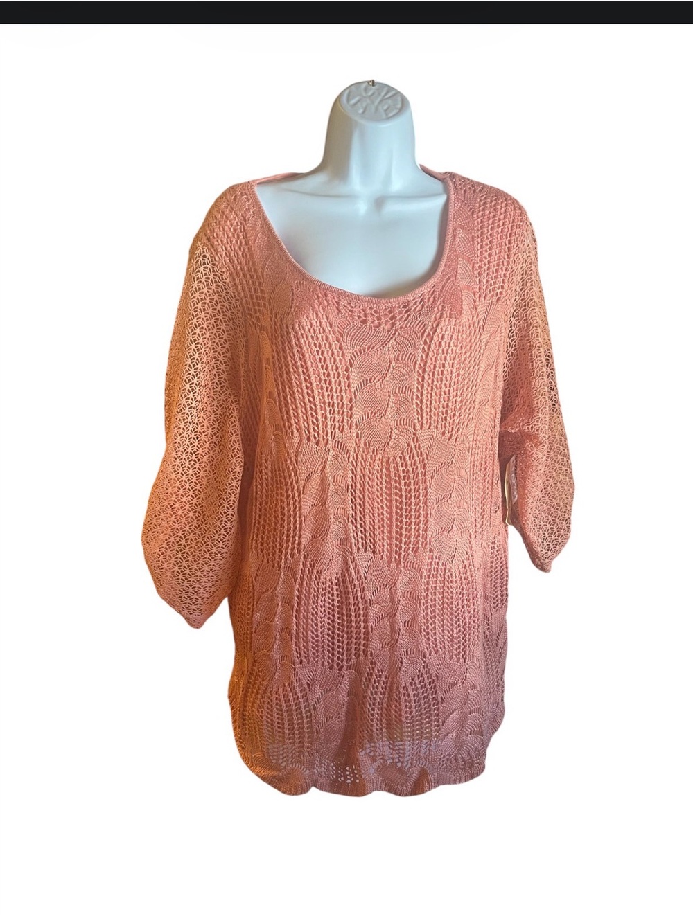 ONE WORLD Peach Open-Weave Scoop Neck Sweater
